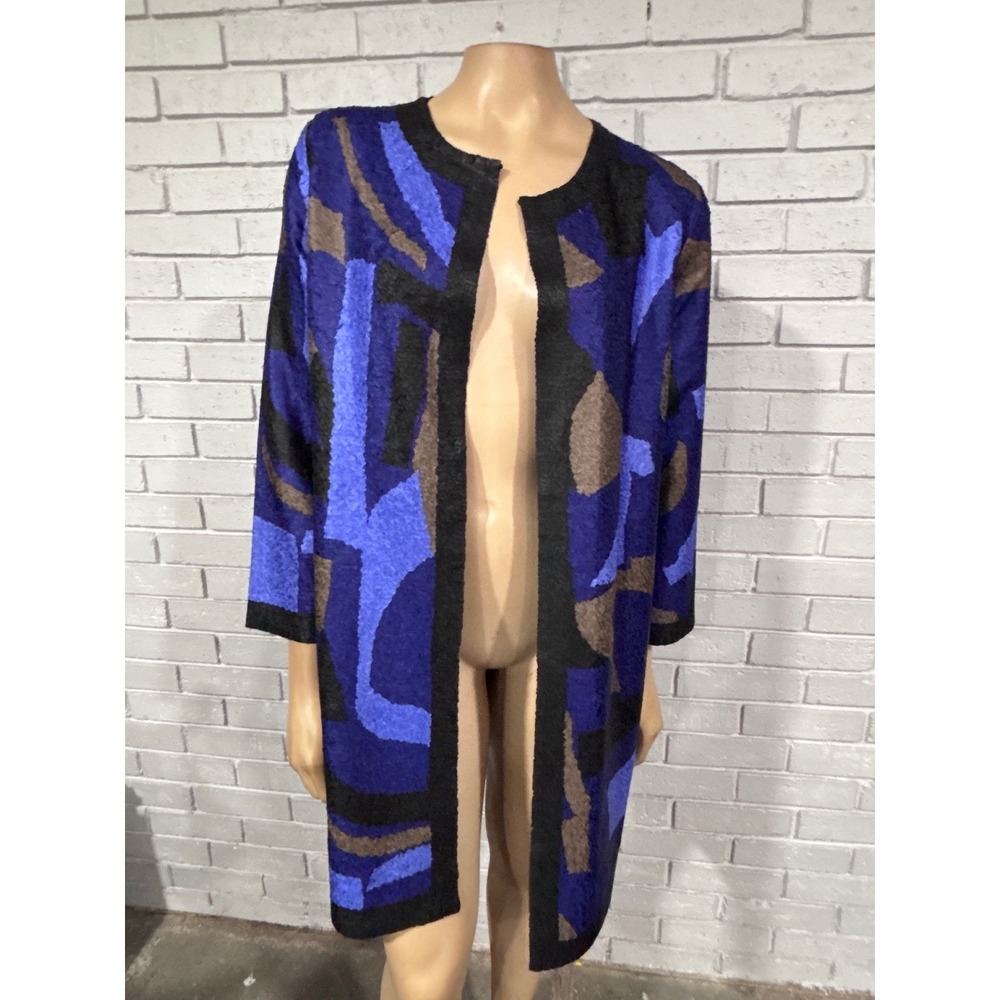 Chico's Blue Abstract Geometric Textured Open Front Topper Jacket Sz 1
